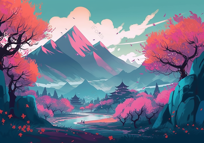 天空山峰浪漫樱花插画背景图,插画/手绘图,插画/手绘图库,插画/手绘图下载,插画/手绘